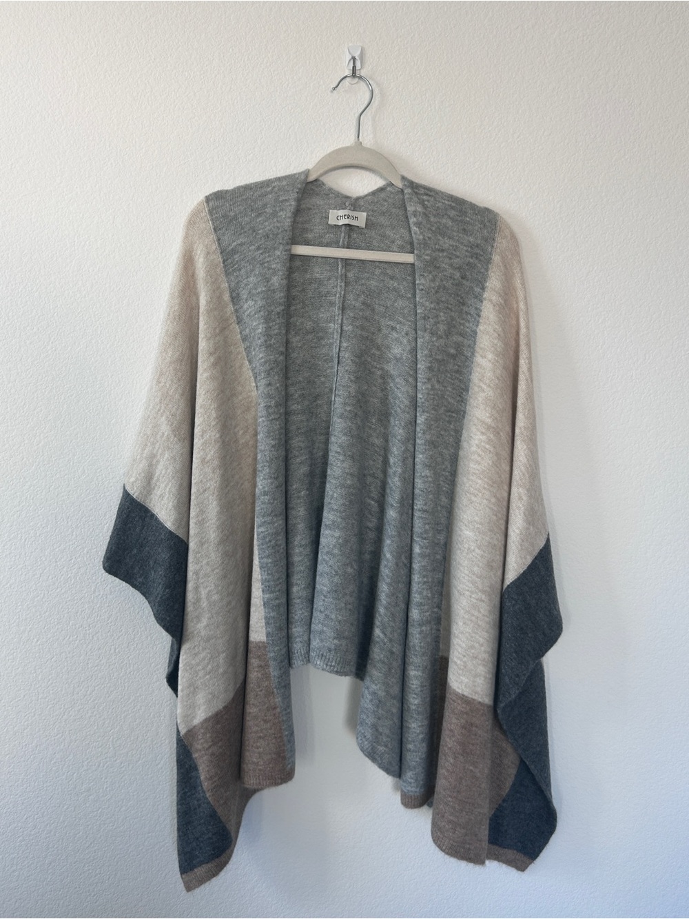 Cherish Neutral Colorblock Open-Front Poncho Wrap in Gray, Cream & Brown